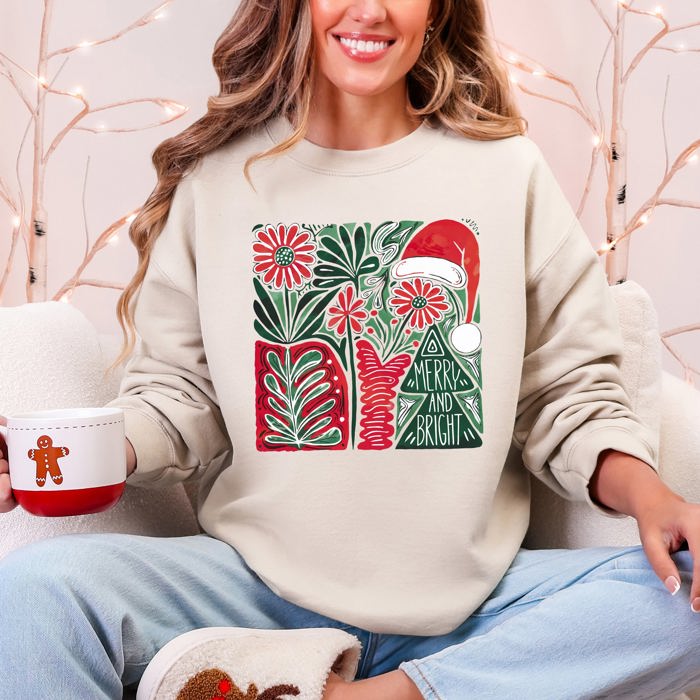 Merry and Bright Pattern Blocks Christmas Santa Hat Tree Ribbon Bow Vintage Retro Holiday Cheer Sweatshirt