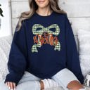 Large Navy Merry Bow Christmas Ribbon Retro Santa Festive Holiday Cheer Cozy Seasonal Sweatshirt