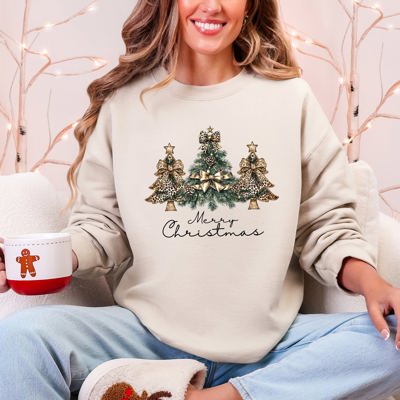 Merry Christmas, Christmas Trees, Ribbons, Bows Illustrated Design Pattern Sweatshirt