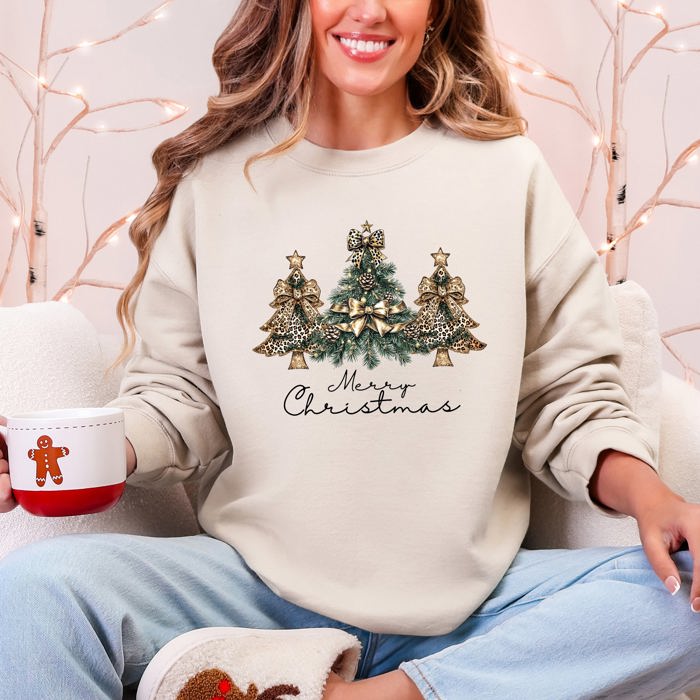Merry Christmas, Christmas Trees, Ribbons, Bows Illustrated Design Pattern Sweatshirt