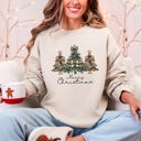 Medium Sand Merry Christmas, Christmas Trees, Ribbons, Bows Illustrated Design Pattern Sweatshirt