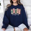 Medium Navy Merry Christmas Colorful Retro Geese Festive Winter Cozy Warm Fleece Lined Graphic Sweatshirt
