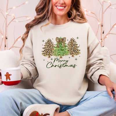 Merry Christmas Leopard Print Cheetah Christmas Trees Cozy Festive Holiday Sweatshirt