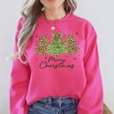 XXXL Heliconia Bright Pink Merry Christmas Leopard Print Cheetah Christmas Trees Cozy Festive Holiday Sweatshirt