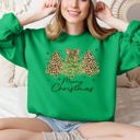 Medium Irish Bright Green Merry Christmas Leopard Print Cheetah Christmas Trees Cozy Festive Holiday Sweatshirt