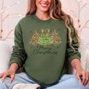 Medium Military Green Merry Christmas Leopard Print Cheetah Christmas Trees Cozy Festive Holiday Sweatshirt