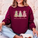 Large Maroon Merry Christmas Pastel Christmas Trees Santa Colorful Painting Holiday Scene Sweatshirt