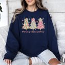 Large Navy Merry Christmas Pastel Christmas Trees Santa Colorful Painting Holiday Scene Sweatshirt
