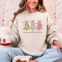 Large Sand Merry Christmas Pastel Christmas Trees Santa Colorful Painting Holiday Scene Sweatshirt