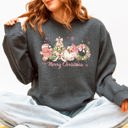 Small Dark Gray Heather Merry Christmas Pink Santa Gingerbread Man Snowflakes Festive Graphic Sweatshirt