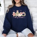 Medium Navy Merry Christmas Pink Santa Gingerbread Man Snowflakes Festive Graphic Sweatshirt