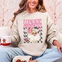 Large Sand Merry Christmas Retro Santa Checkered Vintage Holiday Edition Festive Cozy Classic Sweatshirt
