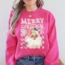 Medium Heliconia Bright Pink Merry Christmas Retro Santa Checkered Vintage Holiday Edition Festive Cozy Classic Sweatshirt