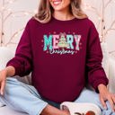 Small Maroon Merry Christmas Varsity Santa Christmas Tree Pink Pattern Retro Checkered Sweatshirt