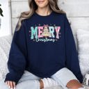 Medium Navy Merry Christmas Varsity Santa Christmas Tree Pink Pattern Retro Checkered Sweatshirt