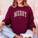 Large Maroon Merry Leopard Print Varsity Santa Christmas Tree Gingerbread Man Snowflakes Sweatshirt