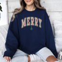 XL Navy Merry Leopard Print Varsity Santa Christmas Tree Gingerbread Man Snowflakes Sweatshirt