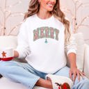 Medium White Merry Leopard Print Varsity Santa Christmas Tree Gingerbread Man Snowflakes Sweatshirt