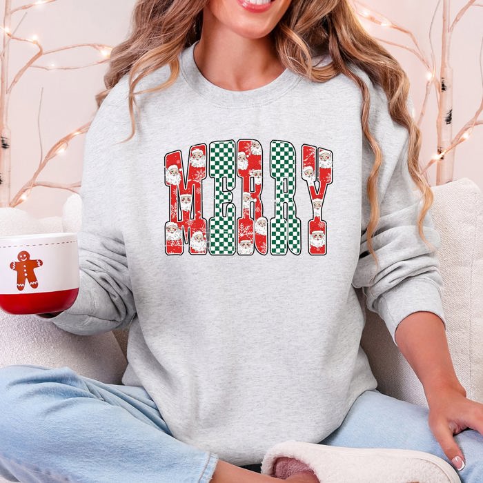 Merry Varsity Santa Checkered Christmas Vintage Edition Retro Holiday Sweatshirt