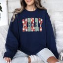 Small Navy Merry Varsity Santa Checkered Christmas Vintage Edition Retro Holiday Sweatshirt