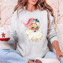 Small Ash Light Gray Retro Pink Santa Leopard Cheetah Print Christmas Holiday Graphic Cozy Fleece Jolly Season Sweatshirt