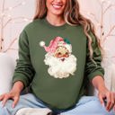 XXL Military Green Retro Pink Santa Leopard Cheetah Print Christmas Holiday Graphic Cozy Fleece Jolly Season Sweatshirt