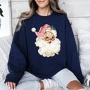 Medium Navy Retro Pink Santa Leopard Cheetah Print Christmas Holiday Graphic Cozy Fleece Jolly Season Sweatshirt