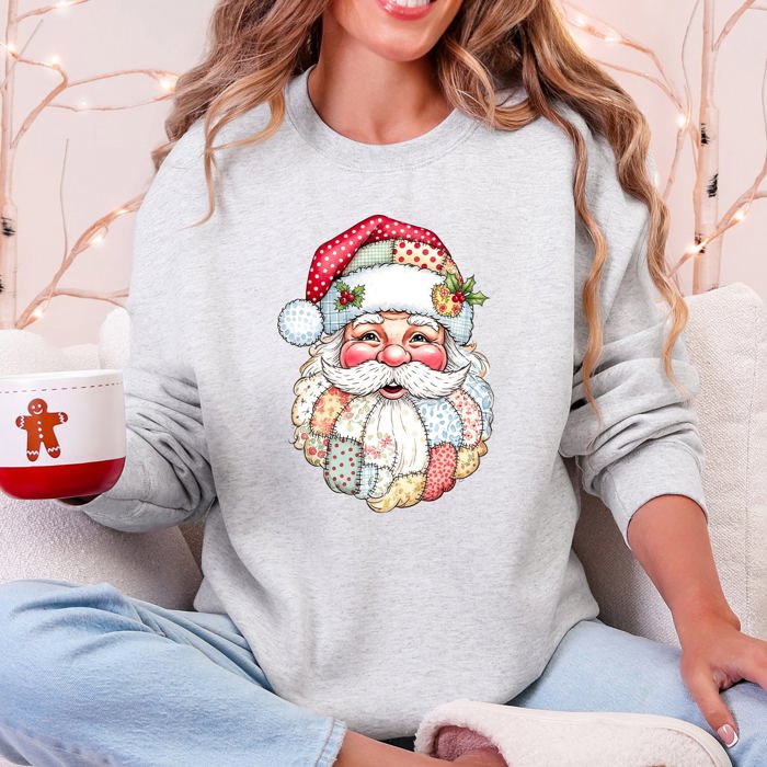 Christmas Geese Retro Santa Faux Quilt Cozy Plush Fleece Lined Holiday Sweatshirt