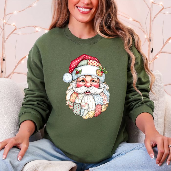 Christmas Geese Retro Santa Faux Quilt Cozy Plush Fleece Lined Holiday Sweatshirt