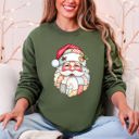 Medium Military Green Christmas Geese Retro Santa Faux Quilt Cozy Plush Fleece Lined Holiday Sweatshirt