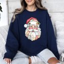 Small Navy Christmas Geese Retro Santa Faux Quilt Cozy Plush Fleece Lined Holiday Sweatshirt