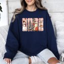 Small Navy Santa Snowman Reindeer Christmas Tree Retro Vintage Inspired Festive Design Graphic Sweatshirt