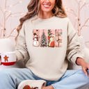 Medium Sand Santa Snowman Reindeer Christmas Tree Retro Vintage Inspired Festive Design Graphic Sweatshirt
