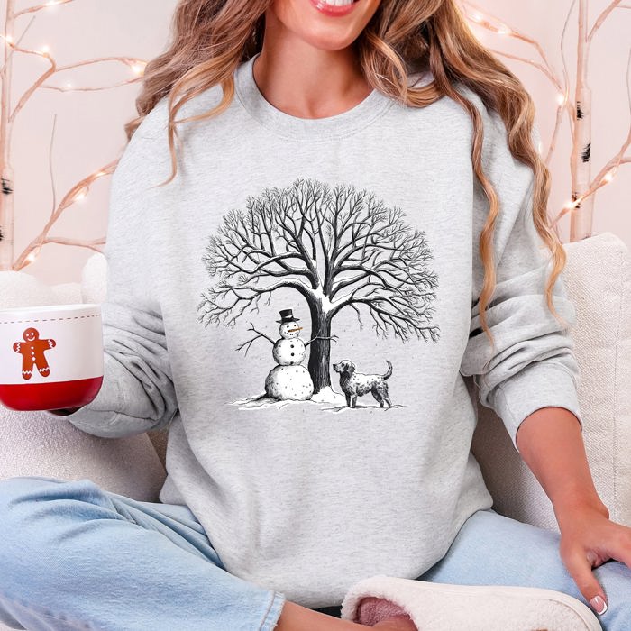 Snowman Dog Christmas Holiday Scene Retro Snowflake Pet Portrait Graphic Sweatshirt
