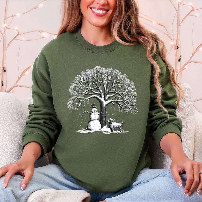 Snowman Dog Christmas Holiday Scene Retro Snowflake Pet Portrait Graphic Sweatshirt