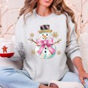 Small Ash Light Gray Snowman Christmas Snow Bow Ribbon Festive Holiday Print With Cheery Ribbon Accents Sweatshirt