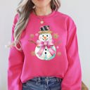 XL Heliconia Bright Pink Snowman Christmas Snow Bow Ribbon Festive Holiday Print With Cheery Ribbon Accents Sweatshirt