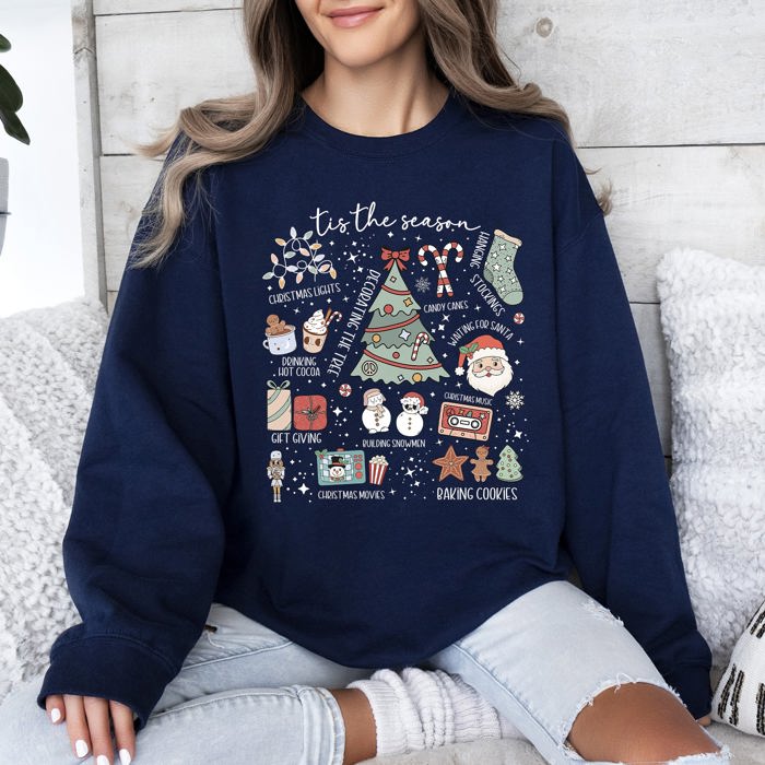 Tis The Season Christmas Santa Tree Snowman Cookies Gifts Cozy Holiday Sweatshirt