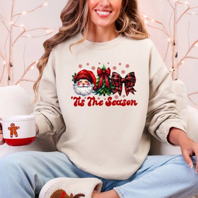 Tis The Season Santa Christmas Tree Checkered Bow Ribbon Holiday Cheer Festive Collection Sweatshirt