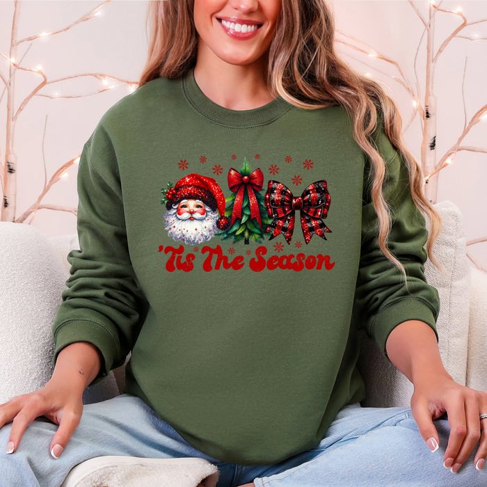 Tis The Season Santa Christmas Tree Checkered Bow Ribbon Holiday Cheer Festive Collection Sweatshirt