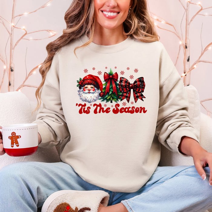 Tis The Season Santa Christmas Tree Checkered Bow Ribbon Holiday Cheer Festive Collection Sweatshirt