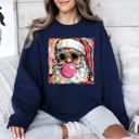 XL Navy Vintage Santa Sketched Christmas Bubble Gum Illustration Retro Cozy Festive Seasonal Sweatshirt