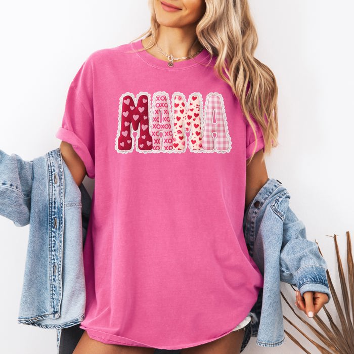 Adorable Mama Patterned Hearts Love Valentine Leopard Checkered Pumpkin Comfort Colors Tee