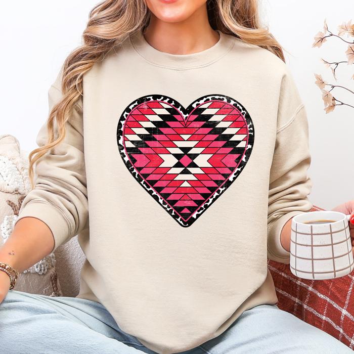 Aztec Cowboy Heart Western Valentine's Day Inspired Cozy Retro Graphic Sweatshirt