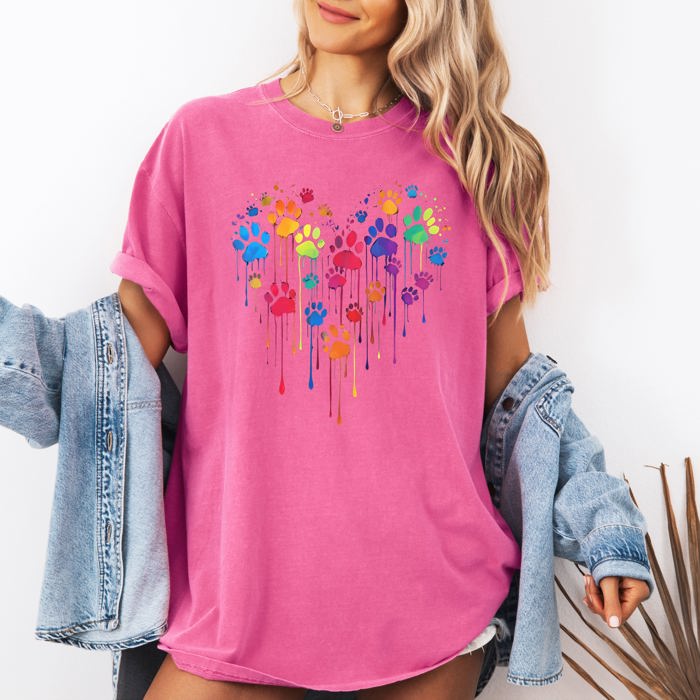 Colorful Dog Paw Print Heart Love Valentine's Day For Dog Lovers Essentials Limited Edition Comfort Colors Tee