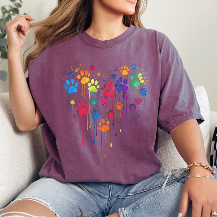 Colorful Dog Paw Print Heart Love Valentine's Day For Dog Lovers Essentials Limited Edition Comfort Colors Tee