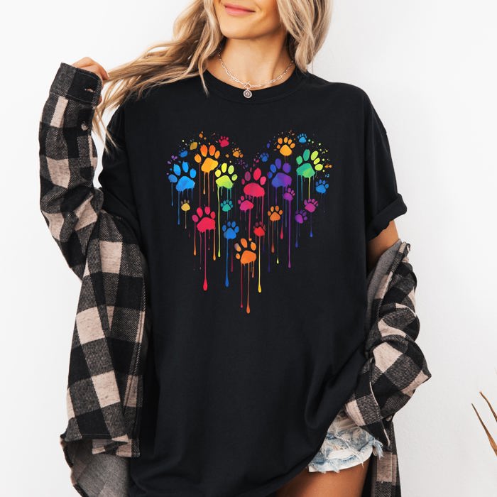 Colorful Dog Paw Print Heart Love Valentine's Day For Dog Lovers Essentials Limited Edition Comfort Colors Tee