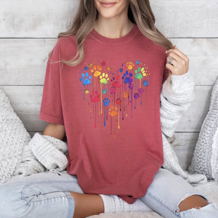 Colorful Dog Paw Print Heart Love Valentine's Day For Dog Lovers Essentials Limited Edition Comfort Colors Tee