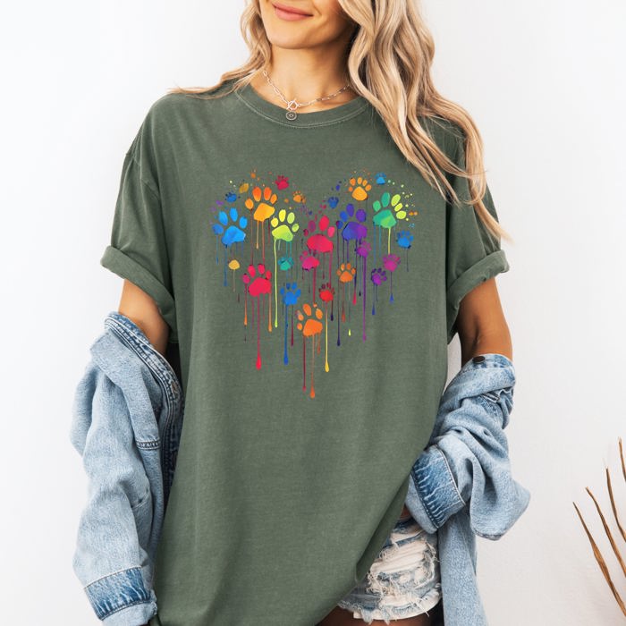 Colorful Dog Paw Print Heart Love Valentine's Day For Dog Lovers Essentials Limited Edition Comfort Colors Tee