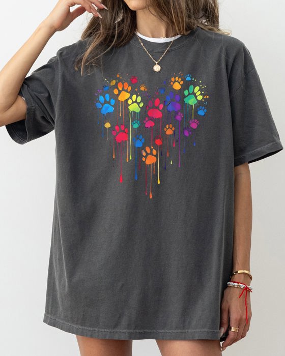 Colorful Dog Paw Print Heart Love Valentine's Day For Dog Lovers Essentials Limited Edition Comfort Colors Tee